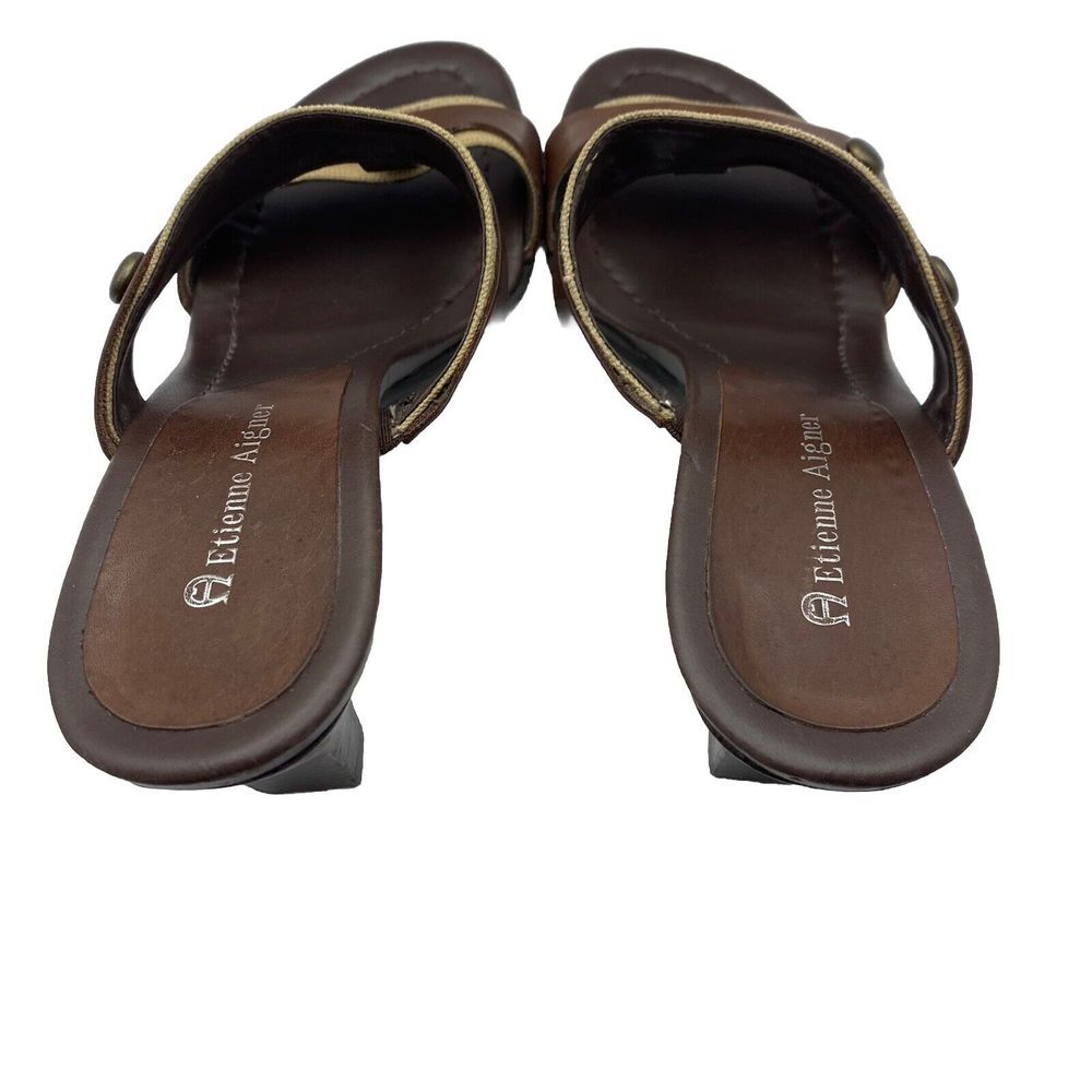Etienne Aigner Womens US Size 7 M Block Heel Mule Brown Leather Sandal Open Toe - Picture 6 of 11